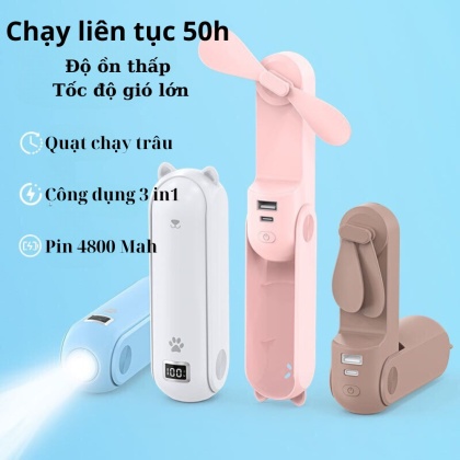 Quạt Cầm Tay Mini 50 Giờ 3 in 1 Dung Lượng Pin 4800mah Gấp Gọn, Quạt Làm Mát Tích Hợp Sạc Điện Thoại - Đèn Pin Mang Theo